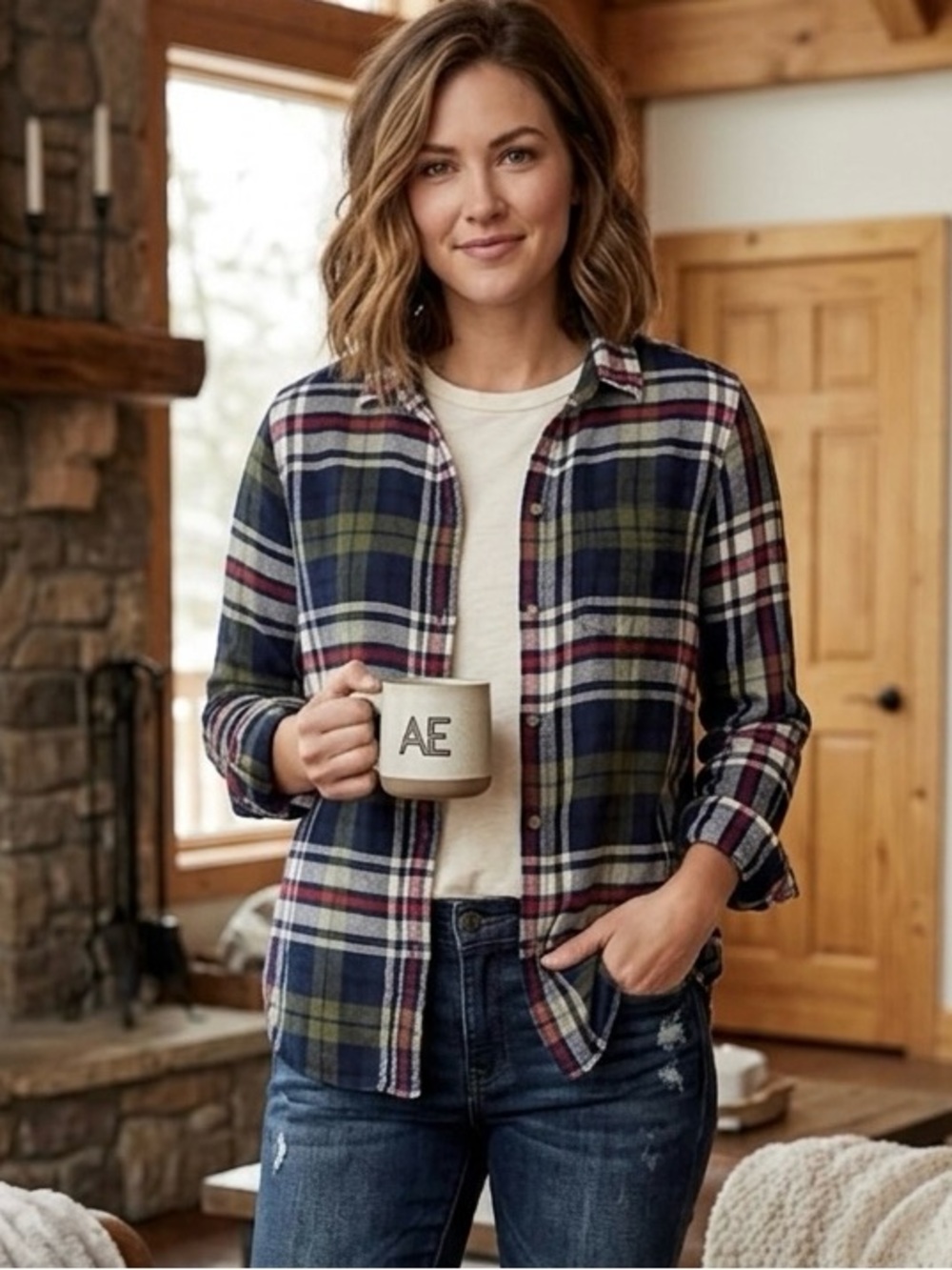 American Eagle Outfitters Plaid Button-Down Shirt in Navy, Olive & Cream